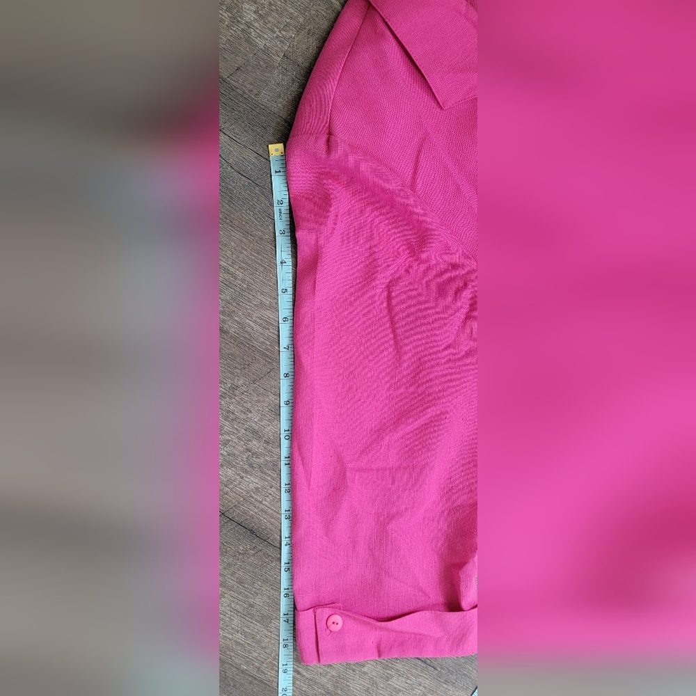 Vintage 80's Oversized Blazer Women's 14 Pink Cropped Sleeve Linen Like w/ Pocke - Picture 10 of 12